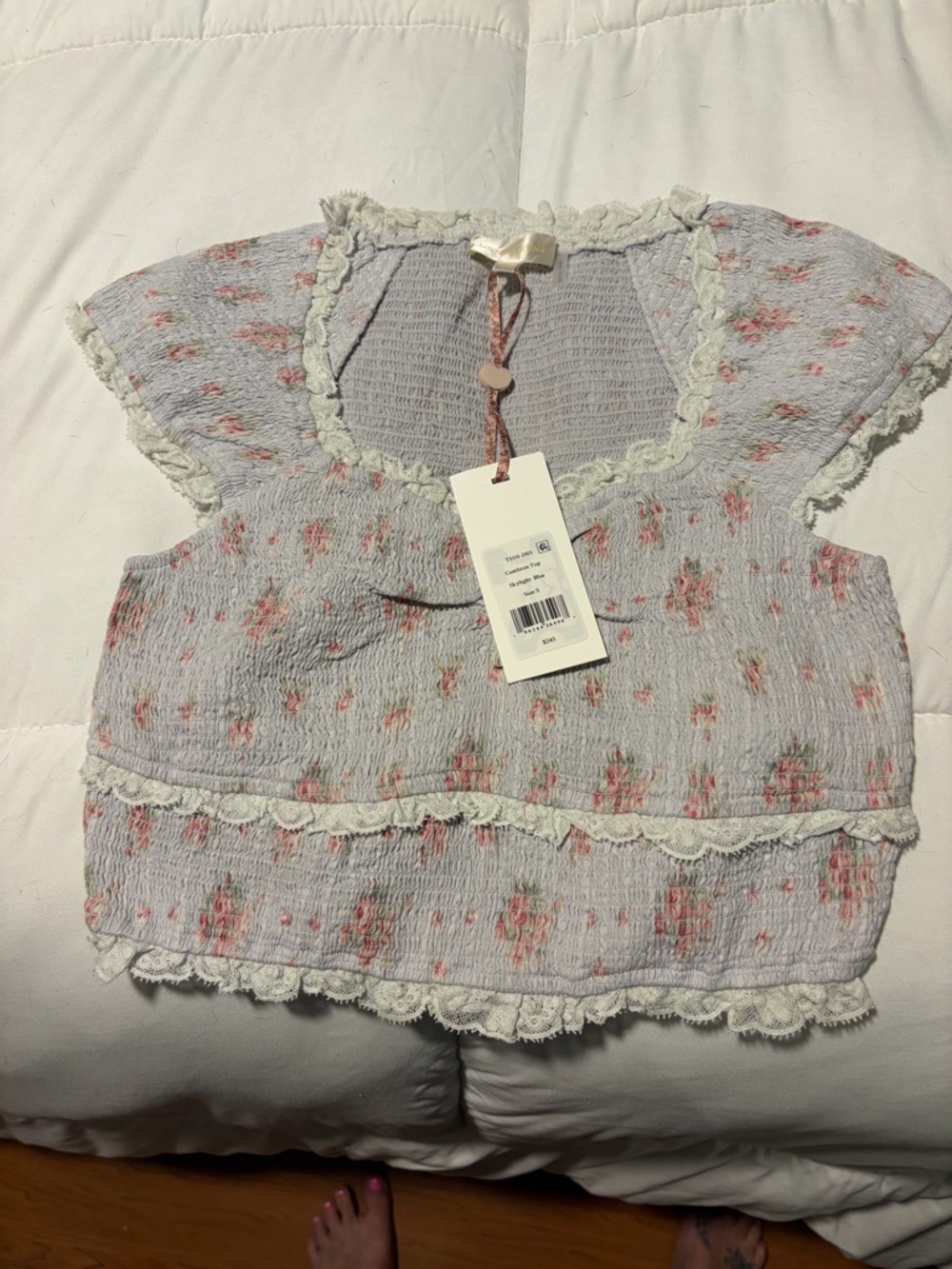 NWT  LoveShack Fancy. Smocked Floral Ruffle Crop Top in Light Blue floral. Small